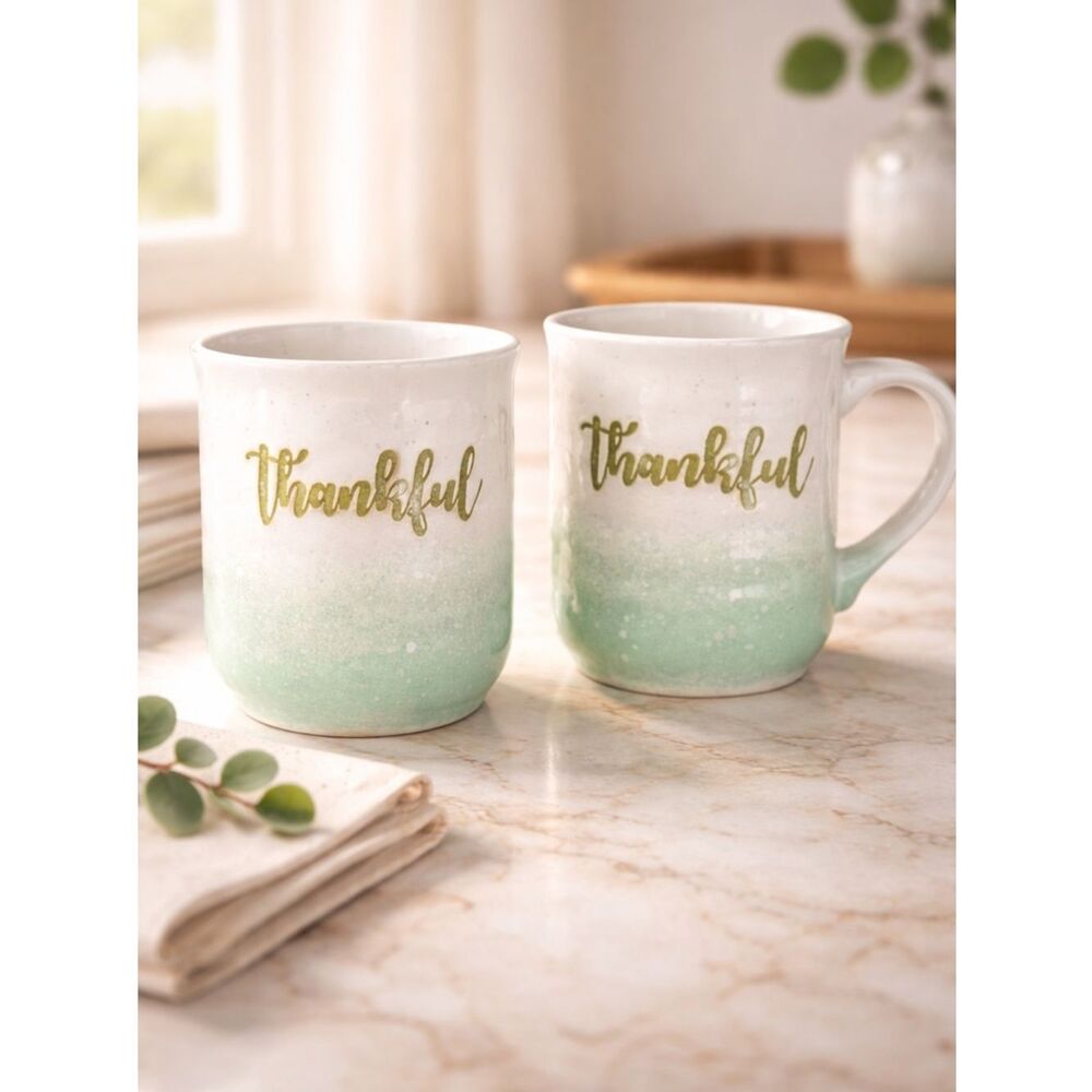 EUC - Set of 2 Ceramic Coffee Mugs Cups - “Thankful” Green Ombré